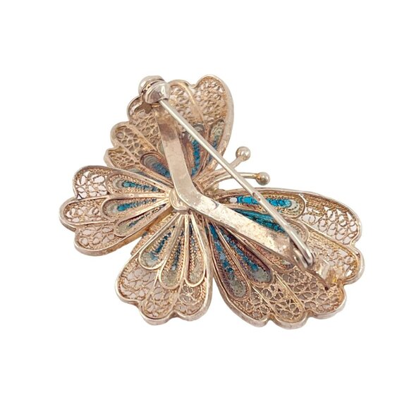 Chinese Export 1970s Blue Enamel Butterfly Pin Brooch Filigree 900 Silver - Picture 5 of 11